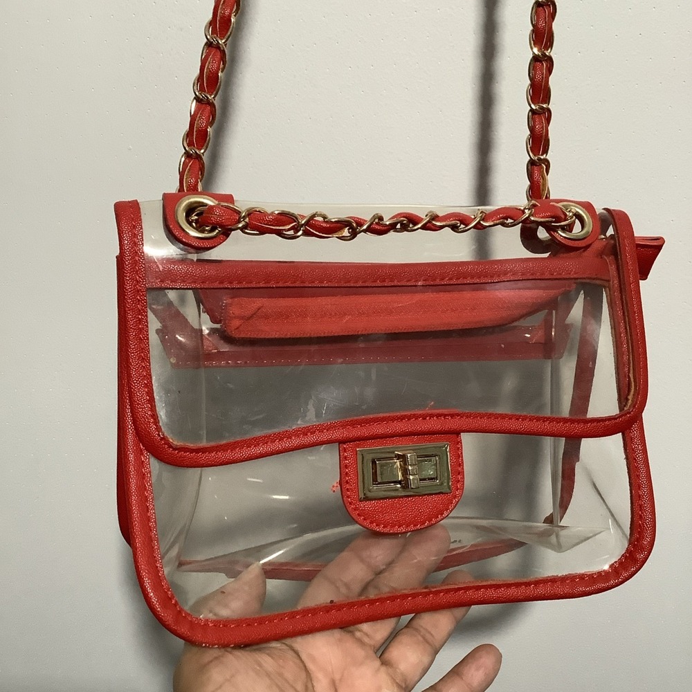 Stadium Bag Clear PVC Plastic Purse W Read Trim Gold Chain Strap